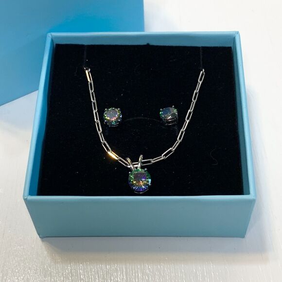 Mystic Topaz Jewelry Set Paperclip Necklace & Earrings 925 Sterling Silver Chain - Picture 1 of 9